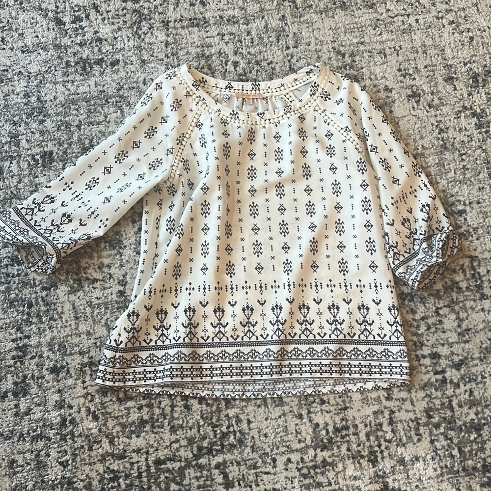 White and blue long sleeve blouse; cute elastic detail at wrist